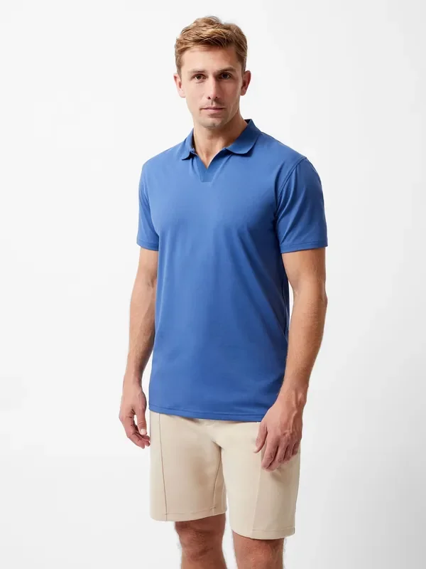 French Connection Blue Cotton Blend Stretch Open Collar Short Sleeve Polo Top