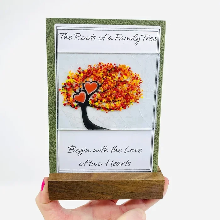Fused Glass Love Hearts Card with Stand, Orange