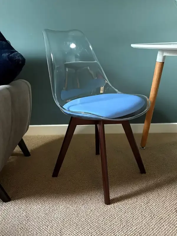 Fusion Living Blue Soho Clear Plastic Dining Chair Dark Wood Leg Set of 2