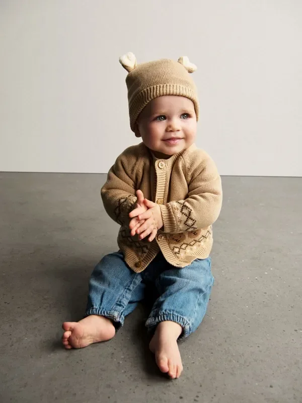 Gap Beige Sherpa Lined Bear Knitted Cardigan & Hat Set (0-24mths)