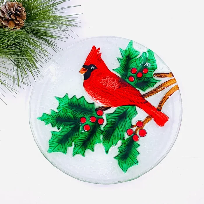 Glass Fusion Platter, Cardinal on Holly 47