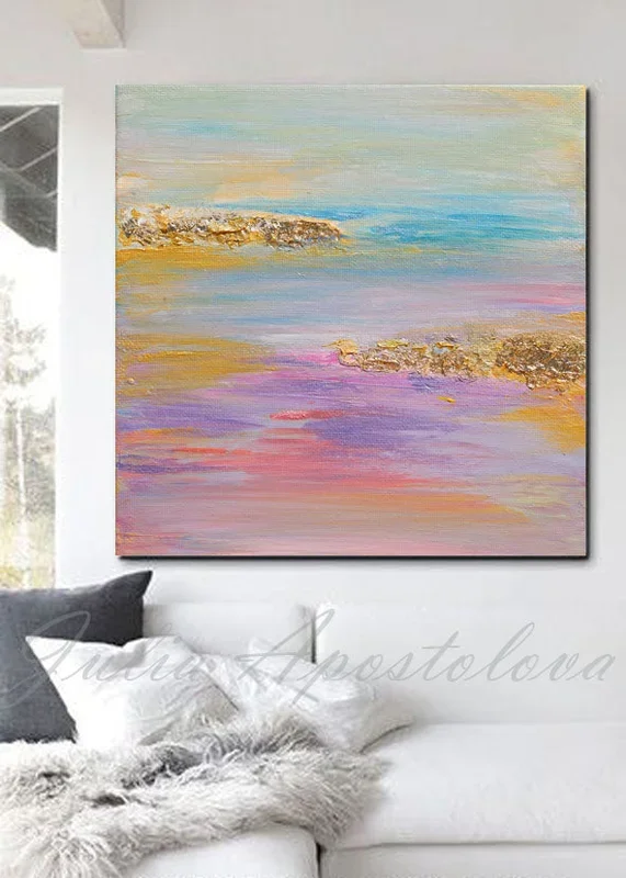 Gold Blue Purple Gold Leaf Abstract, Minimalist Painting, Large Wall Art, Part 3 of Triptych