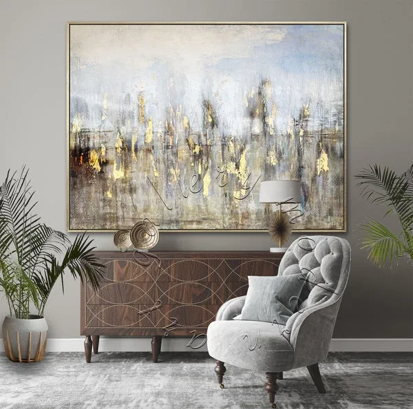 Gold Leaf Abstract Landscape Original Painting on Canvas, Soft Colors Wall Art