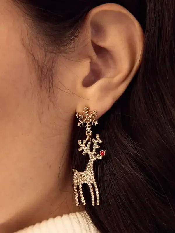 Gold Tone Christmas Reindeer Earrings