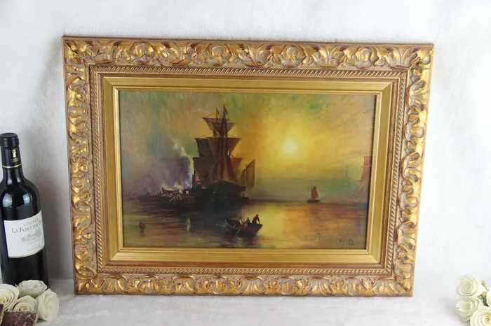 Gorgeous Flemish oil canvas 1933 Signed Painting Maritime Ship boats