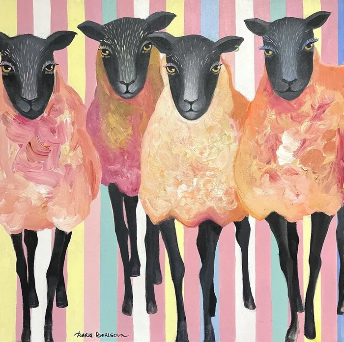 “Gossip Girls”. Acrylic painting on canvas, 30 x 30 in (2023) Acrylic painting by Daria Borisova
