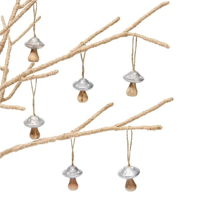 Hanging Mushroom Pack 6 H4cm Silver