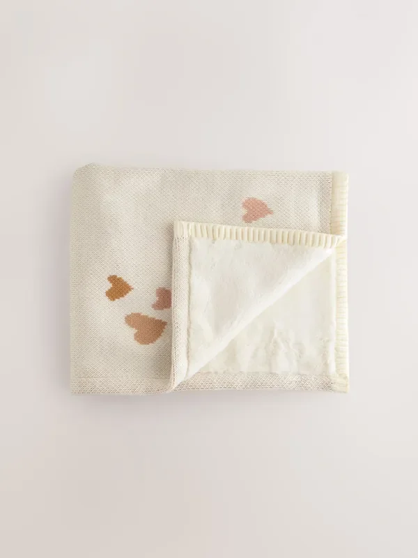 Hearts Baby Knitted Blanket with Fleece Reverse