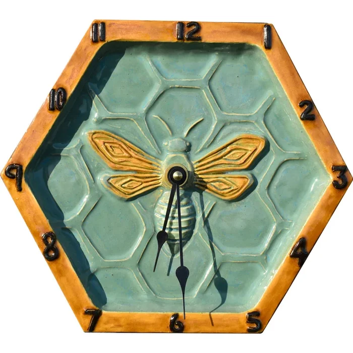 Hexagon Honeybee Wall Clock in Teal & Yellow
