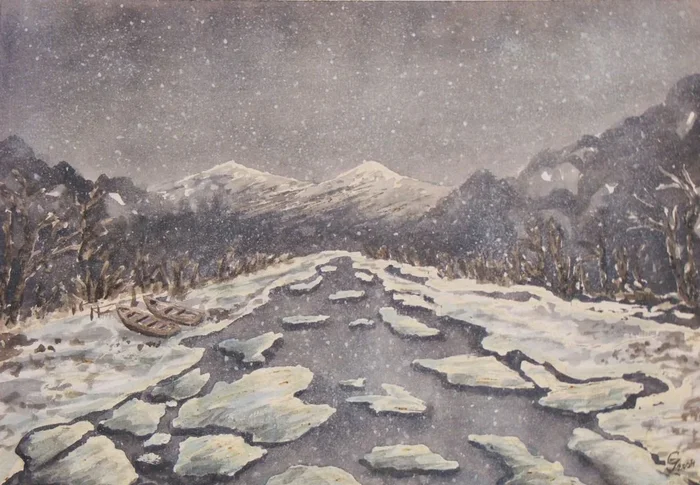 -Icebergs on the river- (2004) Watercolour by Ivan Grozdanovski