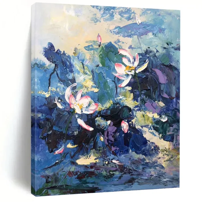 “Impressionistic Lotus Pond” – Blue, Pink, Green Floral Art on Canvas DKH1298