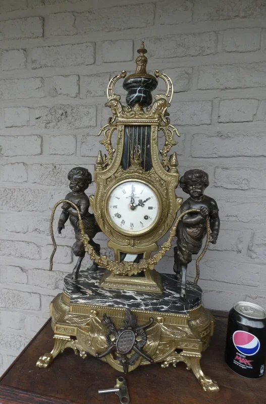 Italian black marble bronze faun putti figural mantel clock 1970 rare top piece