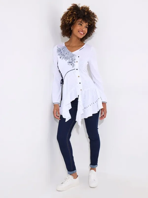 Joe Browns White Frilly Embroidered V-Neck Tunic