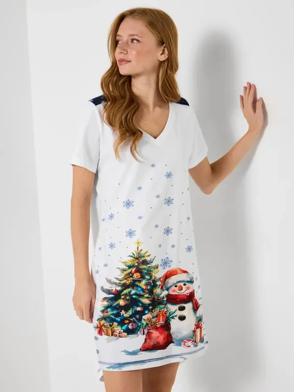 Joe Browns White Snowman Festive Jersey Nightie
