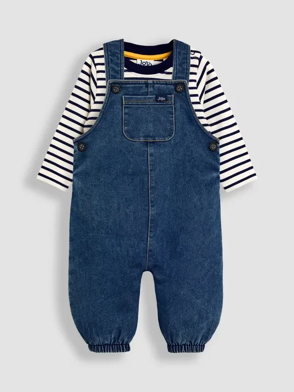 JoJo Maman Bébé Blue 2-Piece Denim Dungarees & Top Set