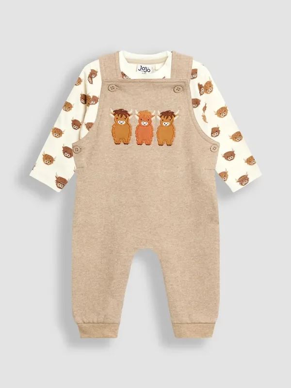 JoJo Maman Bébé Brown Highland Cow 2-Piece Appliqué Dungarees & Print Top Set