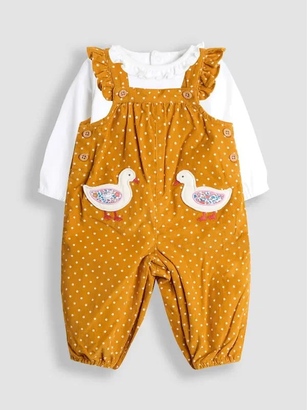 JoJo Maman Bébé Mustard Yellow Duck Appliqué Cord Dungarees & Top Set