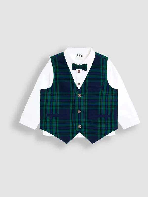 JoJo Maman Bébé Navy Blue 3-Piece Bow Tie Waistcoat & Shirt Set