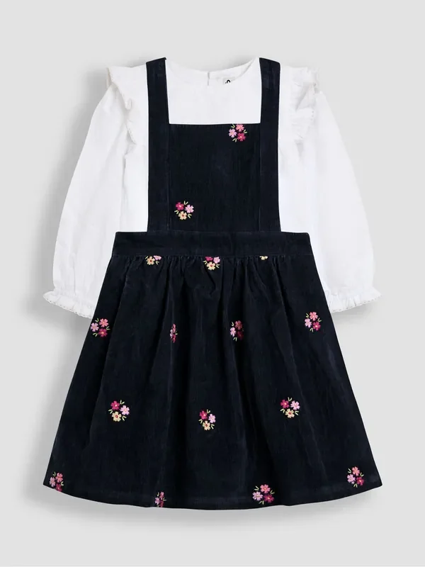 JoJo Maman Bébé Navy Blue Floral Embroidered Cord Pinafore Dress & Blouse Set