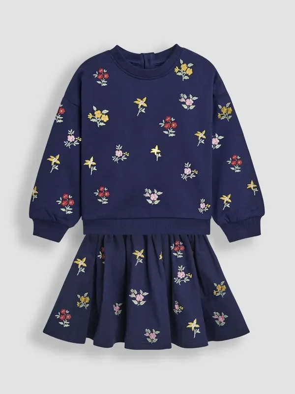 JoJo Maman Bébé Navy Blue Floral Embroidered Sweatshirt & Skirt Set