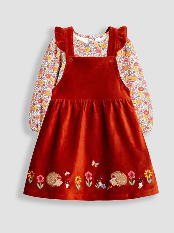 JoJo Maman Bébé Orange Rust Hedgehog Appliqué Pinafore Dress & Top Set
