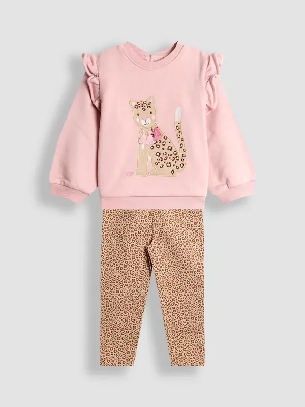 JoJo Maman Bébé Pink Leopard Appliqué Frill Sweatshirt & Leggings Set