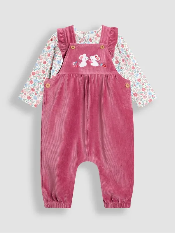 JoJo Maman Bébé Pink Mouse Appliqué Velour Dungarees & Top Set