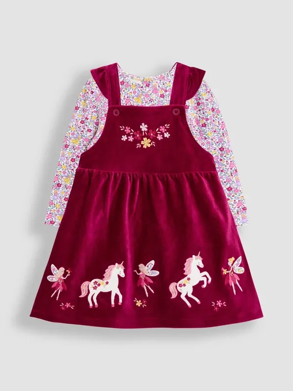 JoJo Maman Bébé Purple Berry Unicorn Appliqué Pinafore Dress & Top Set