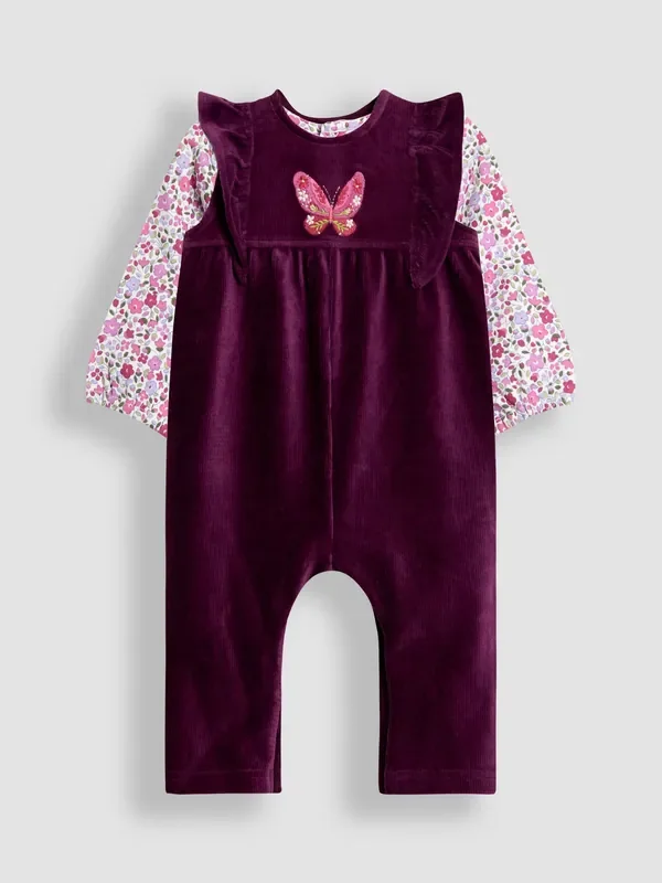 JoJo Maman Bébé Purple Butterfly Appliqué Velour Dungarees & Top Set