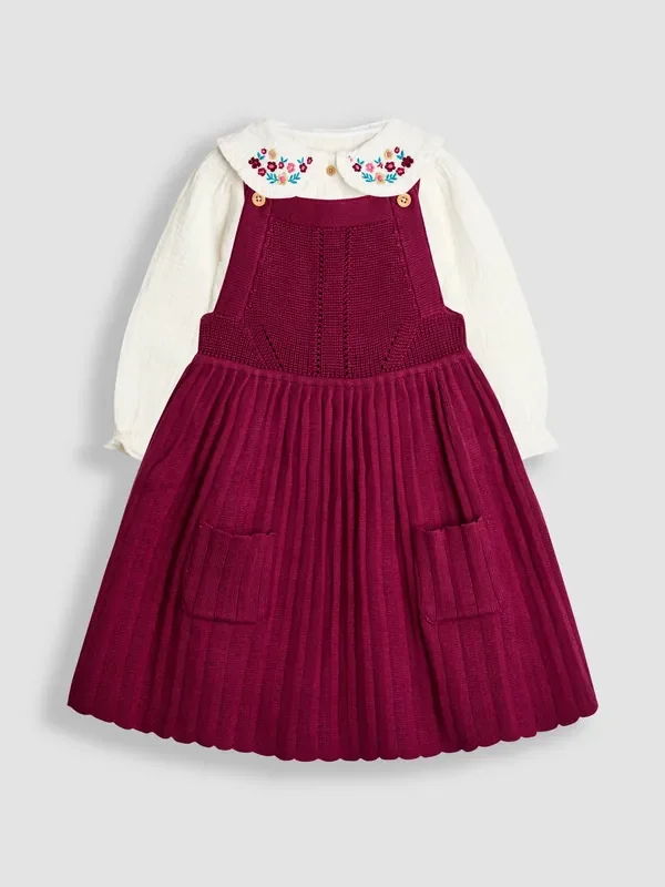 JoJo Maman Bébé Purple Raspberry Knitted Dress & Embroidered Blouse Set