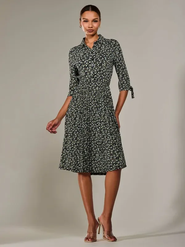 Jolie Moi Black ¾ Sleeve Button Up Midi Dress