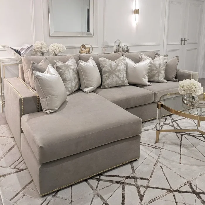 Kiara Mink Velvet Sofa Collection With Brass Studs
