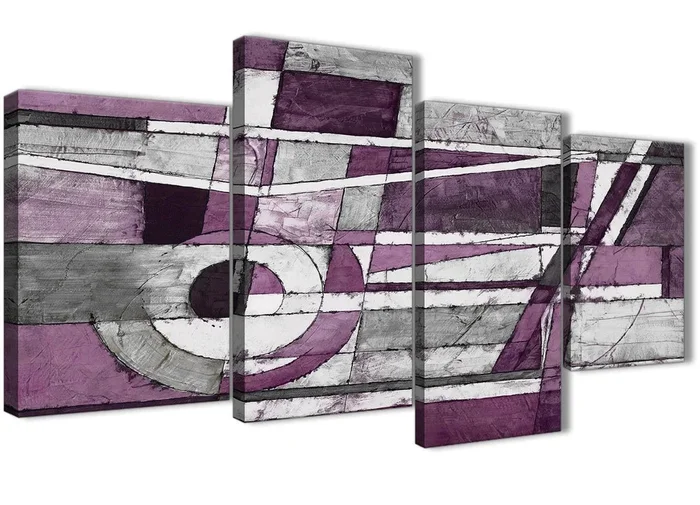 Large Aubergine Grey White Painting Abstract Bedroom Canvas Pictures Decor – 4406 – 130cm Set of Prints