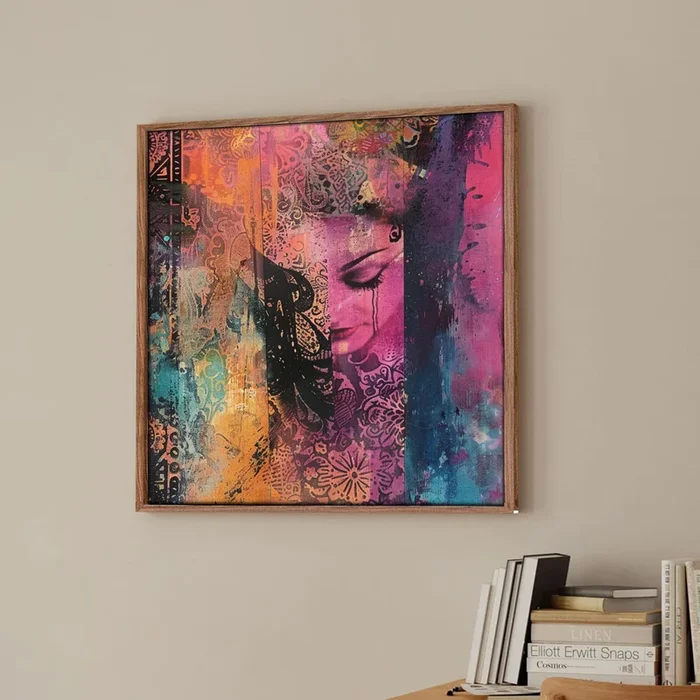 Large Framed Canvas Painting Woman With Colorful View Wall Art Print, Decorative Modern Paintings For Home (Pink, Size 23×23 Inch)