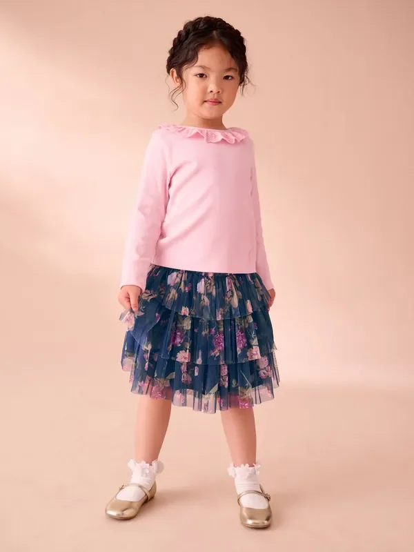 Laura Ashley Pink/Navy Long Sleeve Ribbed Top and Skirt Set