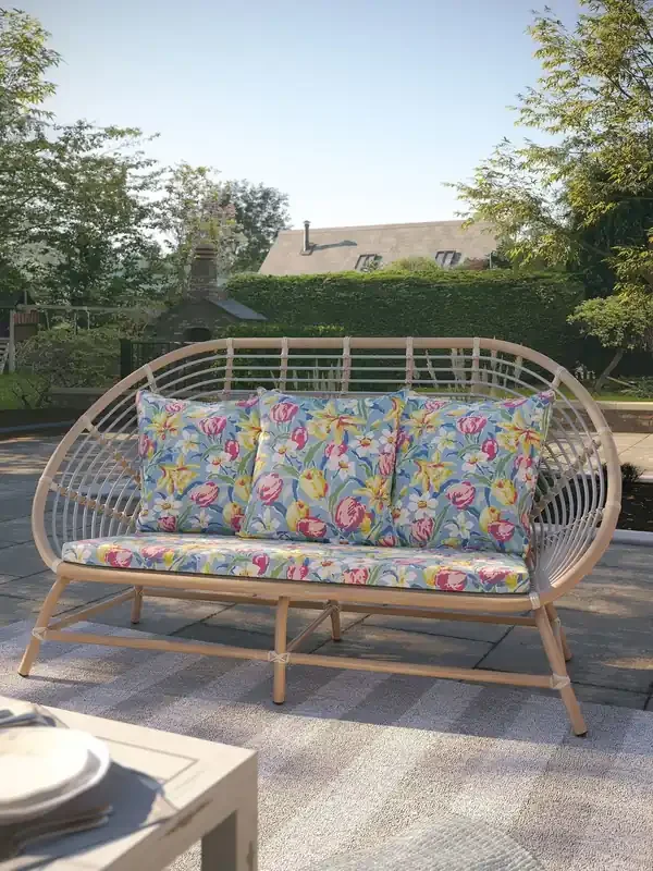 Laura Ashley White Havana Garden Rattan 2 Seater Sofa with Tulips Cushions