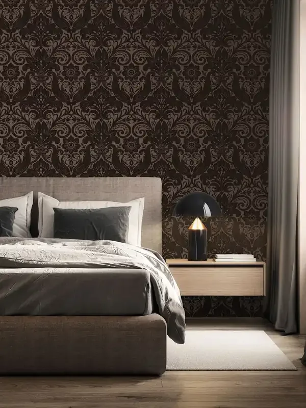 Laurence Llewelyn-Bowen Bronze Brown Damask Sauvage Flock 10M Wallpaper