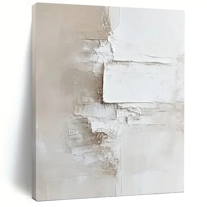 “Layered Textured White – Beige” Abstract Minimalist Painting on Canvas, Serene Wall Art DKH978