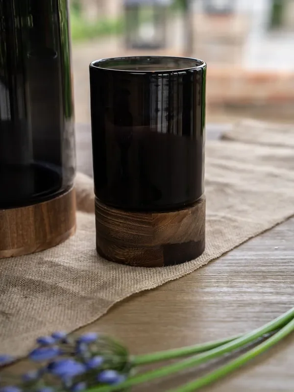 Libra Interiors Black Noir Glass Hurricane with Wooden Base 20.5cm