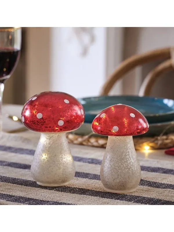 Lights4fun Set of 2 Glass LED Christmas Toadstools