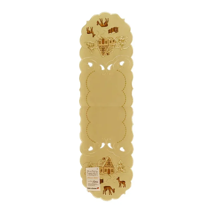 Linen Table Runner – Cream with Embroidered Winter Chalet Scene & Deer