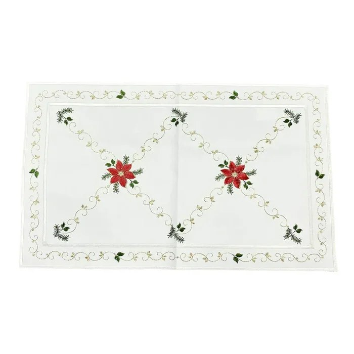 Linen Table Runner – White with Poinsettia & Green Leaves – Large