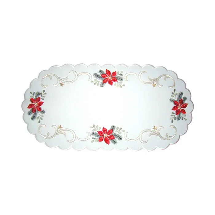 Linen Table Runner – White with Poinsettias, Leaves & Gold Stars