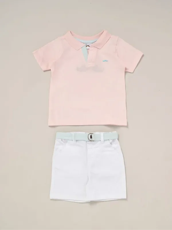 Little Gent White Polo Shirt and Belted Shorts Outfit Set