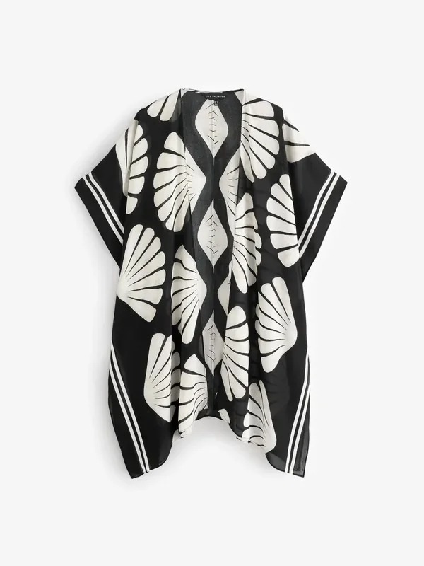 Live Unlimited Black Curve Shell Print Longline Kimono