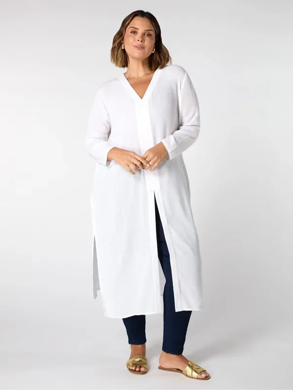 Live Unlimited White Crinkle Split Front Longline Tunic