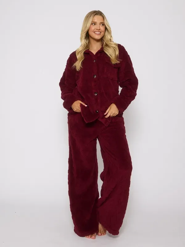 Loungeable Burgundy Cableknit Button Down Cardigan and Trousers Lounge Set