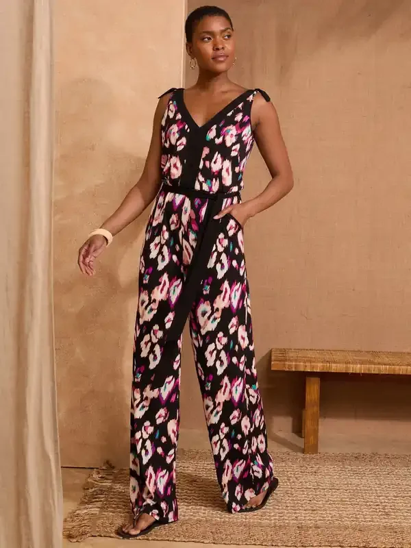 Love & Roses Black Animal Print Petite Jersey Belted Coverup