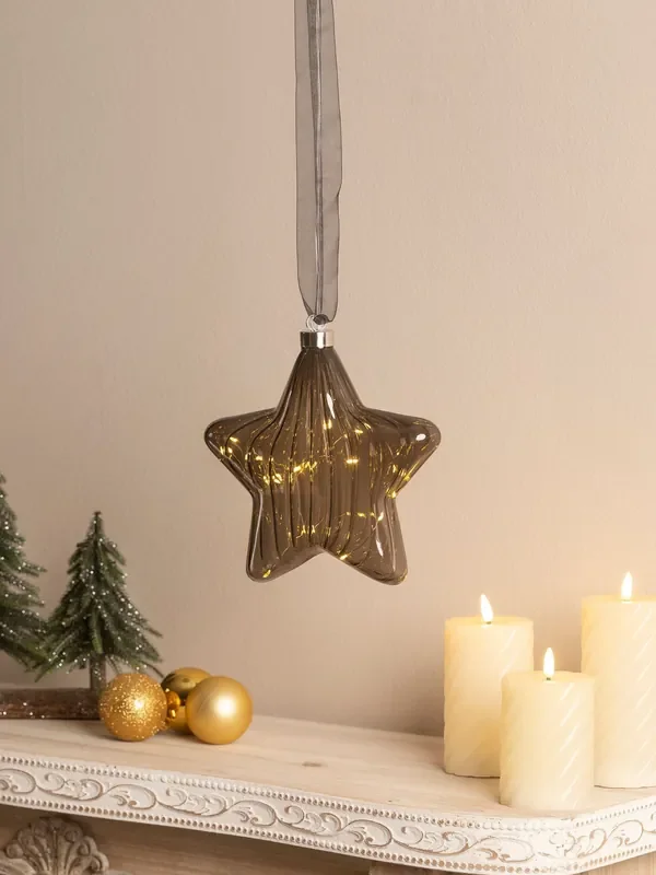 Lumineo Smoke Grey Pre Lit LED Hanging Star Christmas Bauble