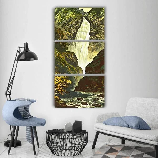 Lush Waterfall and River Painting Vertical Canvas Wall Art